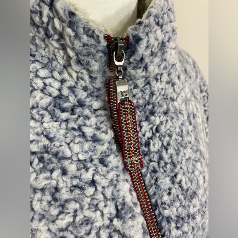 Large True Grit Blue Gray Sherpa Fleece Pullover Jacket w/ Small Side Slits - Picture 3 of 7